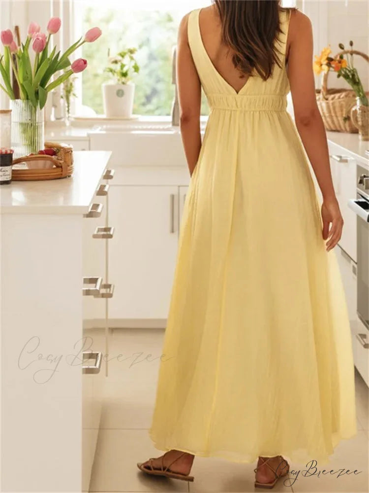 Retro Women Evening Party Solid Color Sleeveless Deep V-Neck Front Tie-up Formal Female Vestido