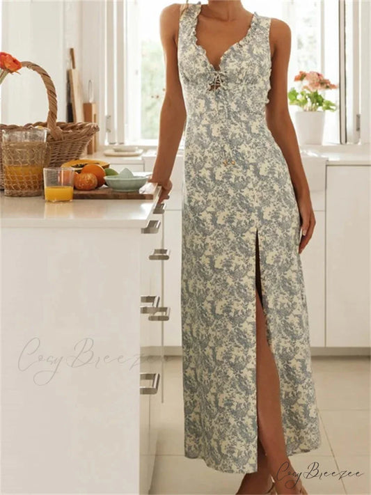 Retro Women Floral Print Sleeveless V Neck Front Lace-up High Split Spring Summer Backless Vestidos PRINT / S