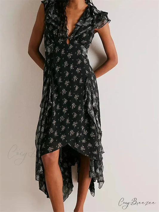 Retro Women Summer Casual Floral Print Ruffles Sleeveless V-Neck Fashion Holiday Beach Vestidos BLACK / S