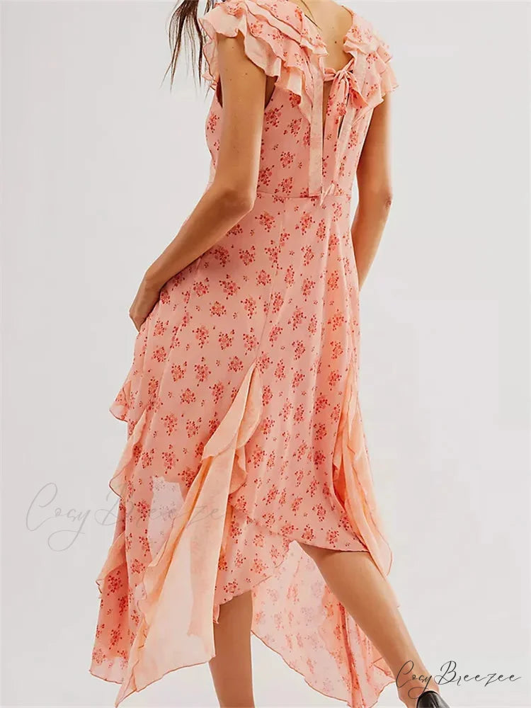 Retro Women Summer Casual Floral Print Ruffles Sleeveless V-Neck Fashion Holiday Beach Vestidos PEACH / S