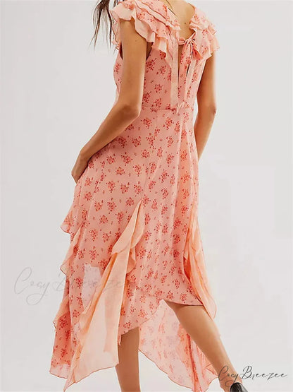 Retro Women Summer Casual Floral Print Ruffles Sleeveless V-Neck Fashion Holiday Beach Vestidos PEACH / S