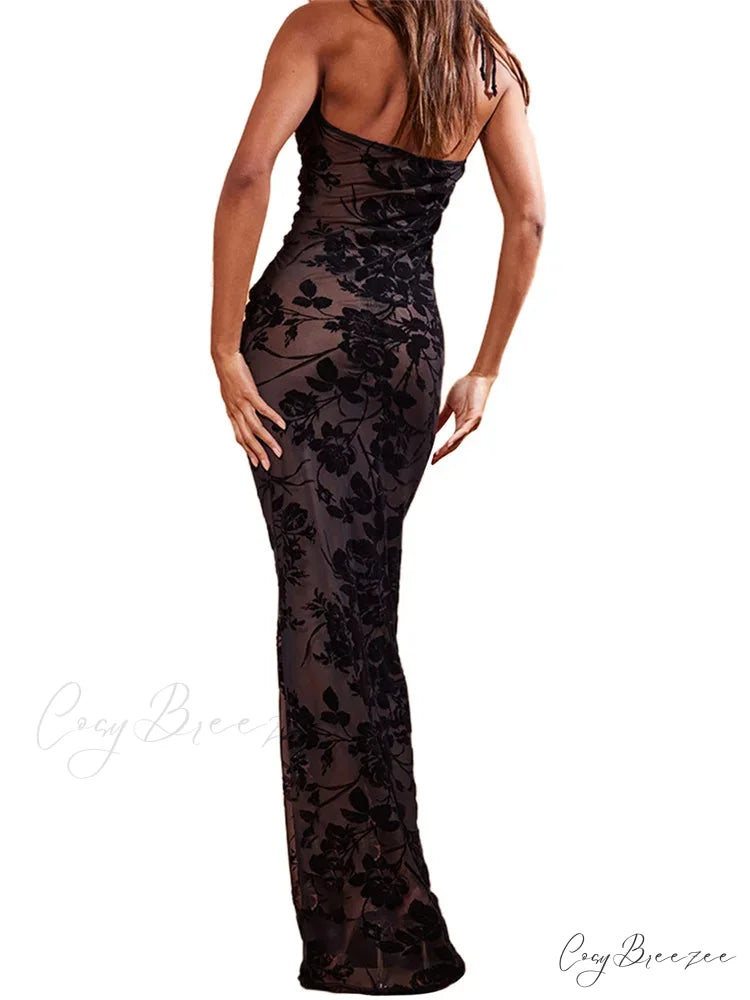 Retro Women Y2K Lace See Through Halter Lace-up Backless Summer Low Cut V-neck Vestidos Beachwear