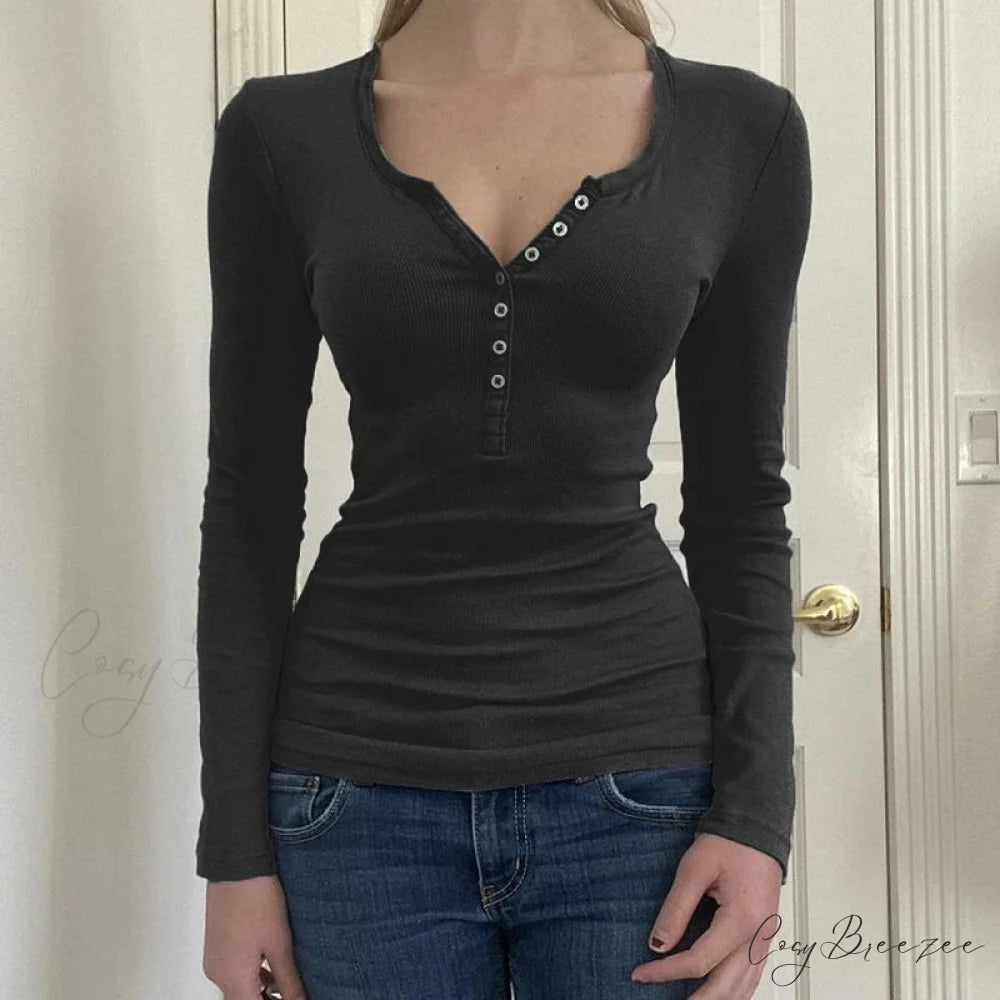 Retro Y2K Basic Crop Top Grunge Button Slim Fit Knit Top Black / S knittop-250126