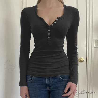 Retro Y2K Basic Crop Top Grunge Button Slim Fit Knit Top Black / S knittop-250126