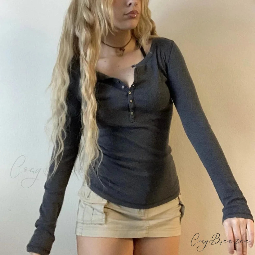 Retro Y2K Basic Crop Top Grunge Button Slim Fit Knit Top GRAY / S knittop-250126