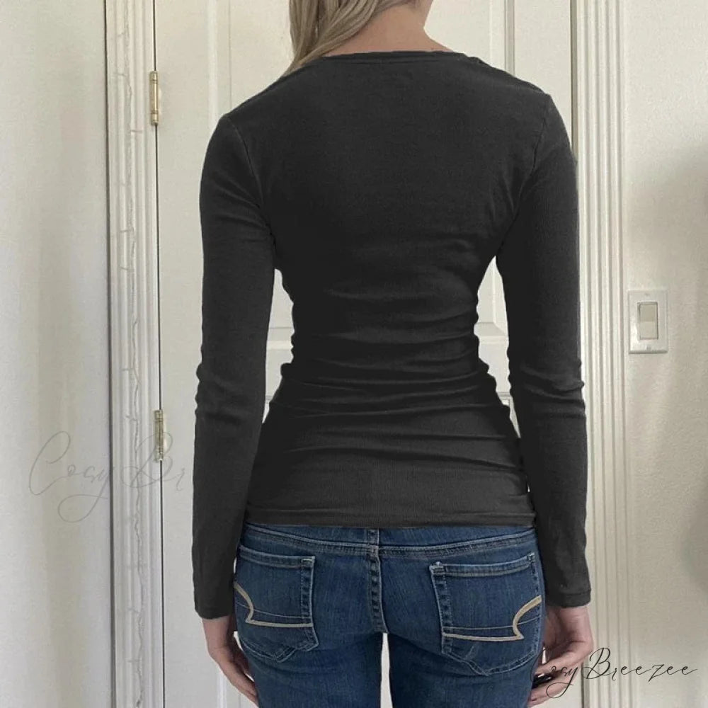 Retro Y2K Basic Crop Top Grunge Button Slim Fit Knit Top knittop-250126