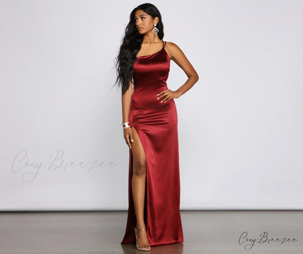 Rhiannon Elegant Satin Dress BURGUNDY / S