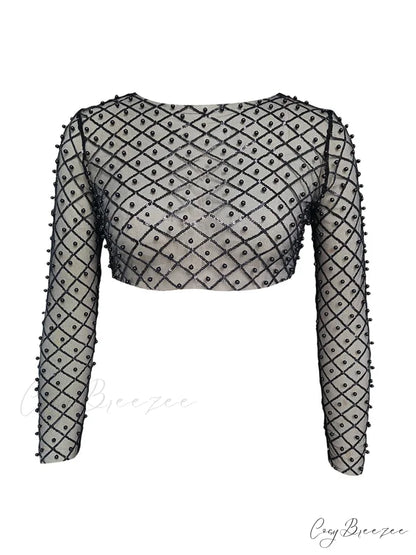 Rhinestone Beaded Y2k Slim Long Sleeve Stylish Elegant Trendy Chic Mesh Crop Top