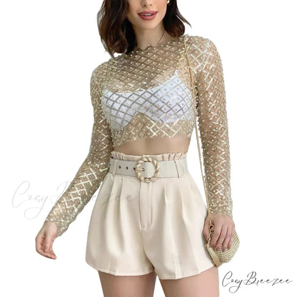 Rhinestone Beaded Y2k Slim Long Sleeve Stylish Elegant Trendy Chic Mesh Crop Top Gold / S