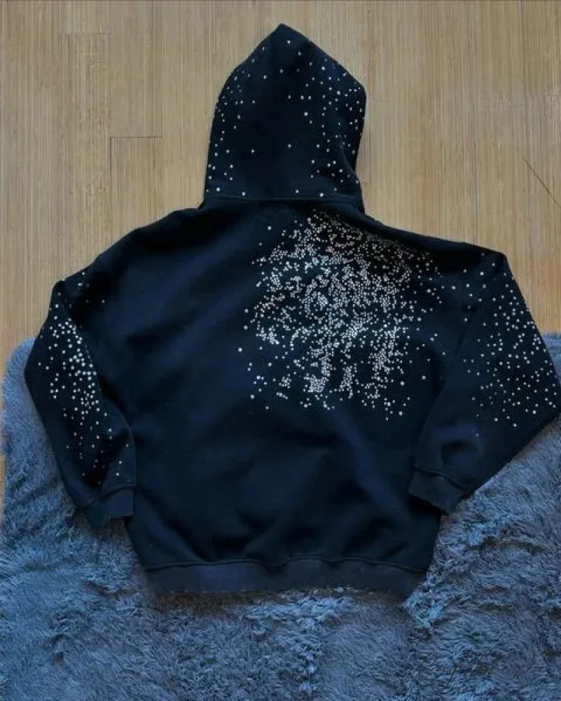 Rhinestone Black Pullover Hoodie hoodies-241228