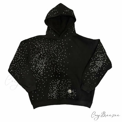Rhinestone Black Pullover Hoodie hoodies-241228