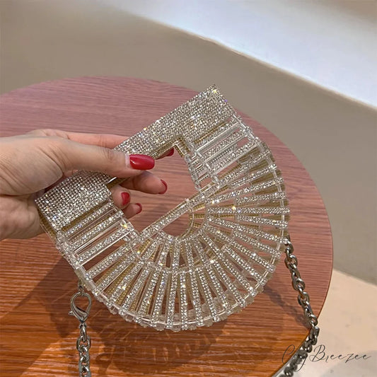 Rhinestone Bling Half Moon Basket Clutch Bag clutchbag-250126