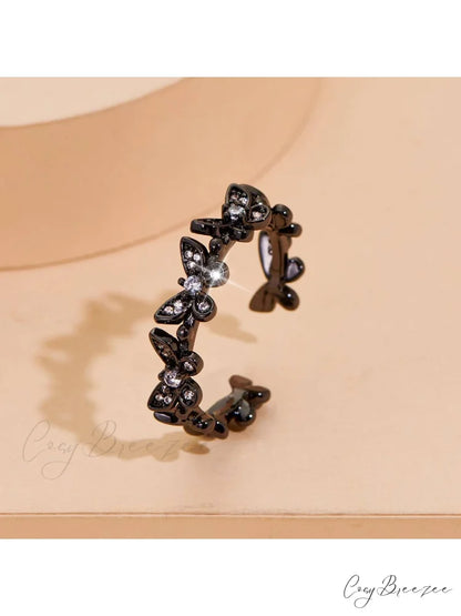 Rhinestone Butterfly Decor Cuff Ring Black / one-size