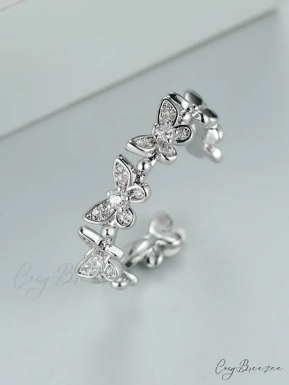 Rhinestone Butterfly Decor Cuff Ring Silver / one-size