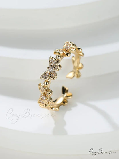Rhinestone Butterfly Decor Cuff Ring Yellow Gold / one-size