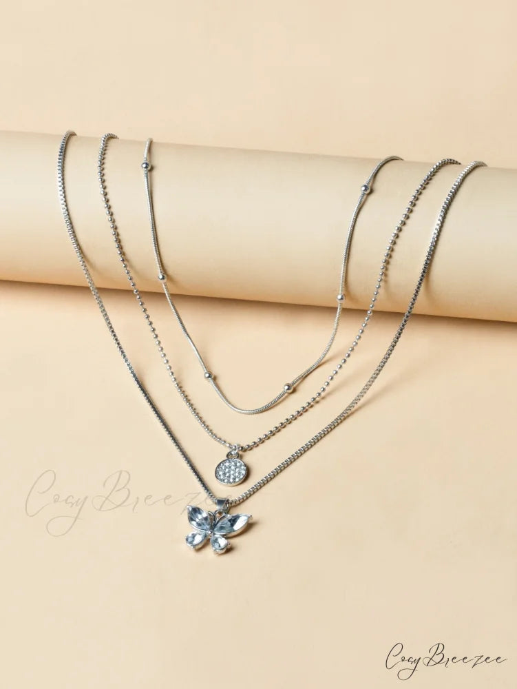 Rhinestone Butterfly Pendant Layered Necklace