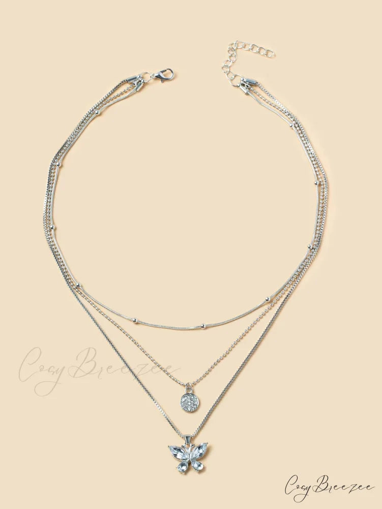 Rhinestone Butterfly Pendant Layered Necklace