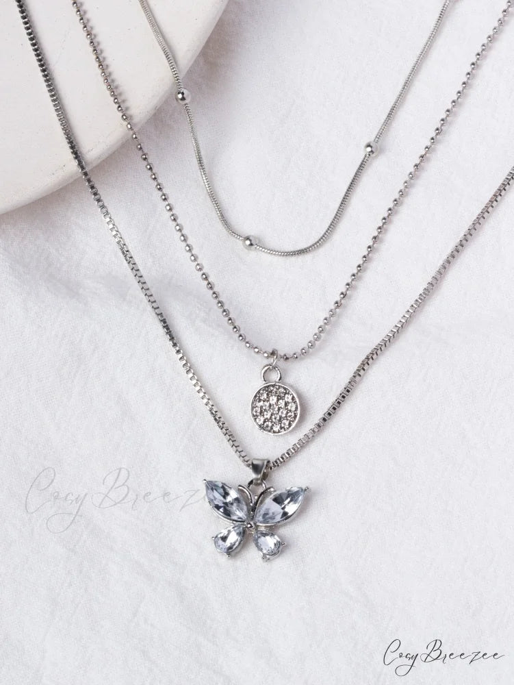 Rhinestone Butterfly Pendant Layered Necklace