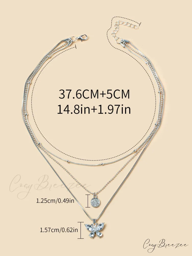 Rhinestone Butterfly Pendant Layered Necklace