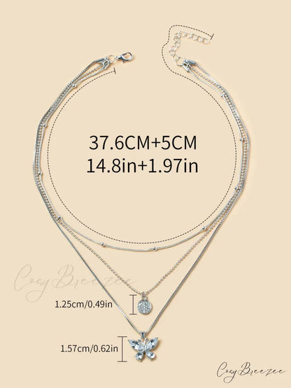 Rhinestone Butterfly Pendant Layered Necklace