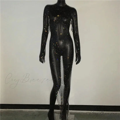 Rhinestone Fishnet Long Sleeve Party Dress Black Split / One Size