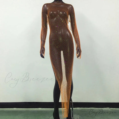 Rhinestone Fishnet Long Sleeve Party Dress Orange Split / One Size