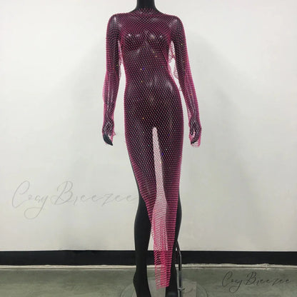 Rhinestone Fishnet Long Sleeve Party Dress Rose Red Split / One Size