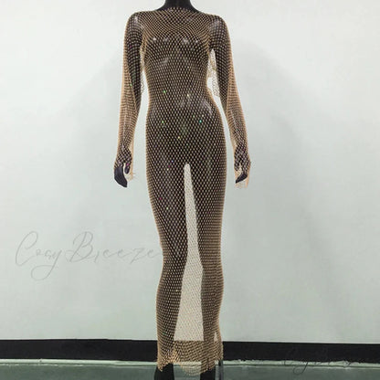 Rhinestone Fishnet Long Sleeve Party Dress Skin Color Normal / One Size