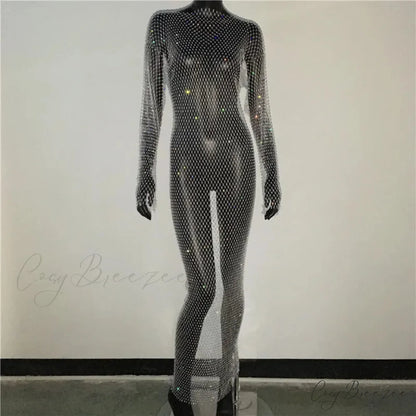 Rhinestone Fishnet Long Sleeve Party Dress White Normal / One Size