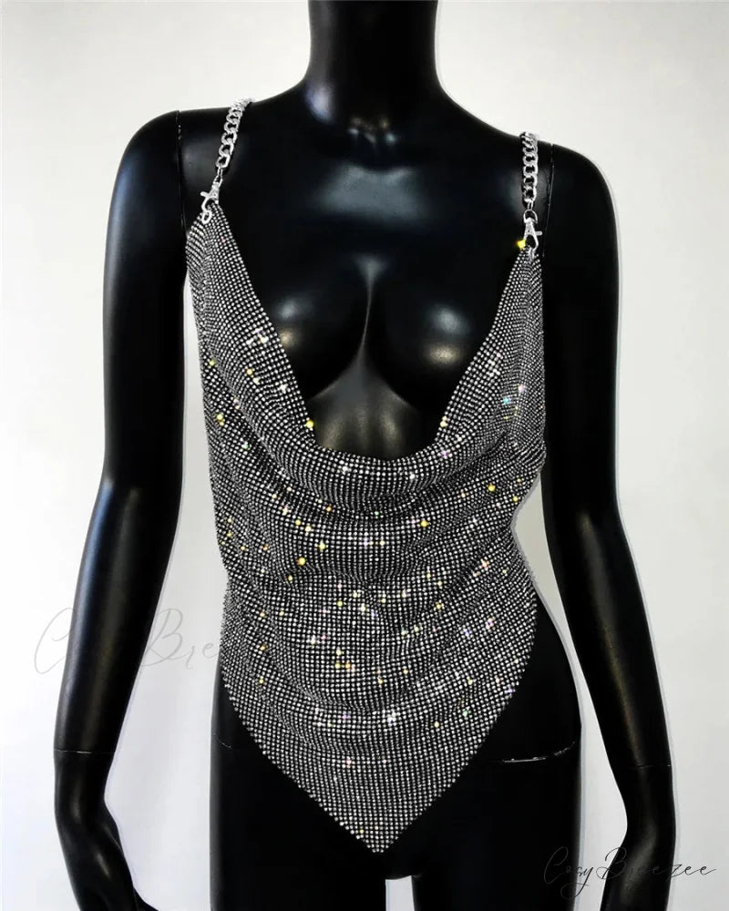 Rhinestone Grid Fishnet Party Dress Black / One Size