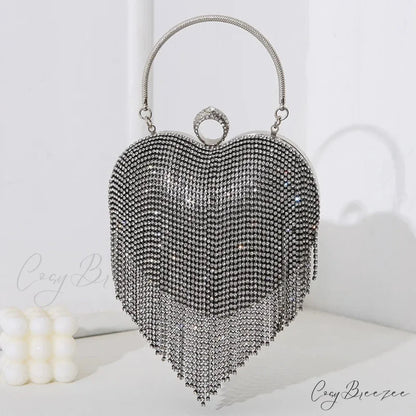 Rhinestone Heart Pattern Silver Evening Clutch Wedding Bridal Purse Black / Mini(Max Length<20cm) clutchbag-250126