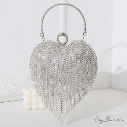 Rhinestone Heart Pattern Silver Evening Clutch Wedding Bridal Purse Silver / Mini(Max Length<20cm) clutchbag-250126