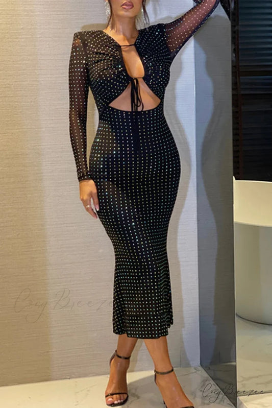 Rhinestone Mesh Cutout Dress Black / S
