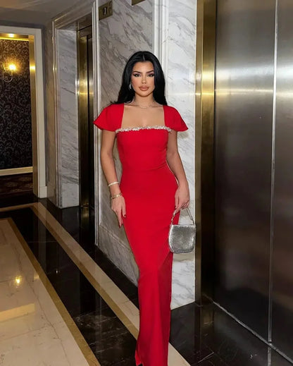 Rhinestone Neck Hanging Party Dress Red / XS