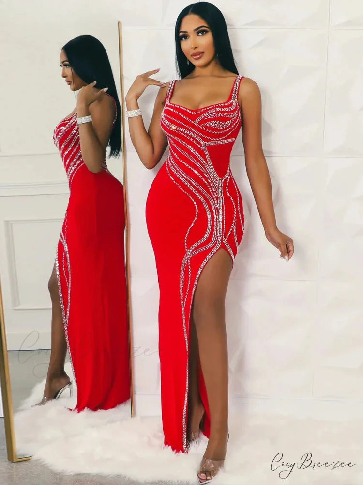 Rhinestone Slit Maxi Party Dress Red / S