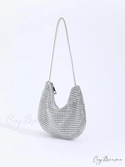Rhinestone Zippered Solid Evening Clutch Bag Silver clutchbag-250126