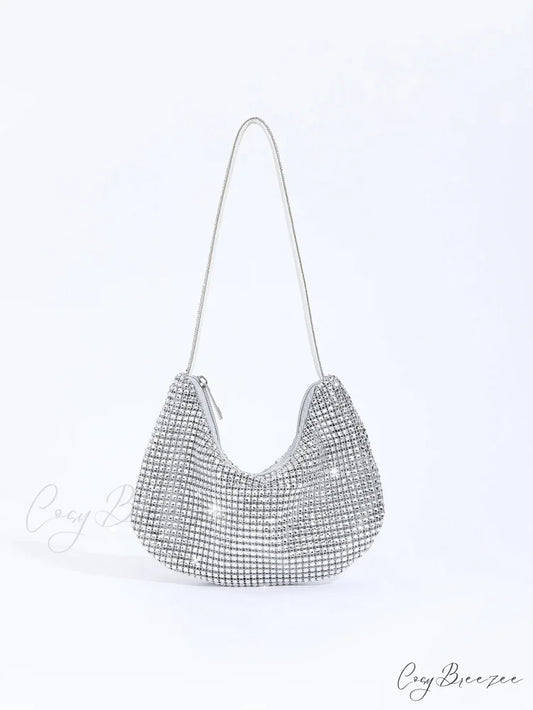 Rhinestone Zippered Solid Evening Clutch Bag Silver clutchbag-250126