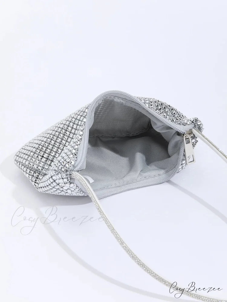 Rhinestone Zippered Solid Evening Clutch Bag Silver clutchbag-250126