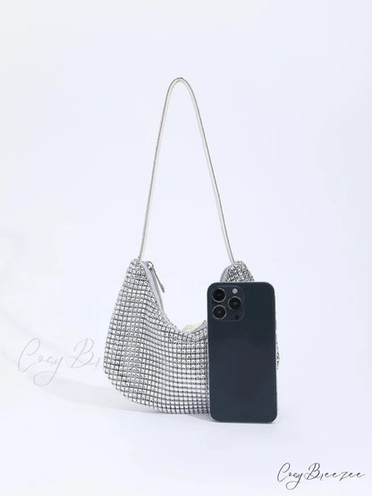 Rhinestone Zippered Solid Evening Clutch Bag Silver clutchbag-250126