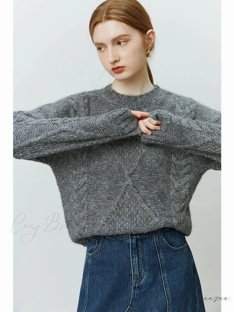 Rhombus Pattern Twist Knitted Pullover Sweater GRAY / S swraters-241228