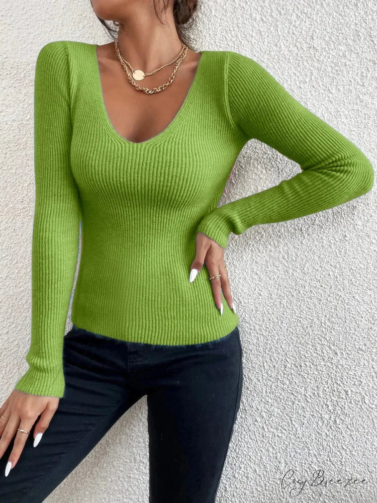 Rib Knit V-Neck Stripe Pullover Sweater Knit Top Green / S knittop-250126