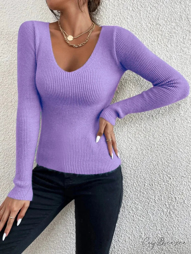 Rib Knit V-Neck Stripe Pullover Sweater Knit Top Lavender / S knittop-250126