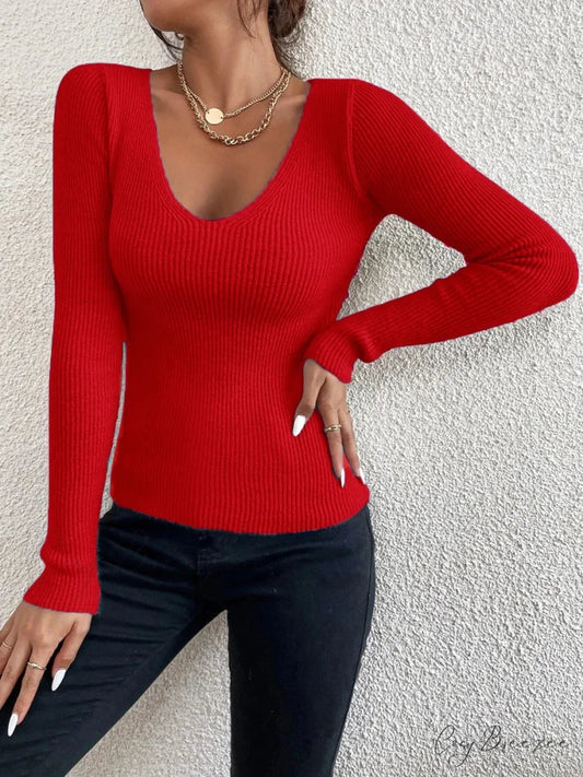 Rib Knit V-Neck Stripe Pullover Sweater Knit Top Light Red / S knittop-250126