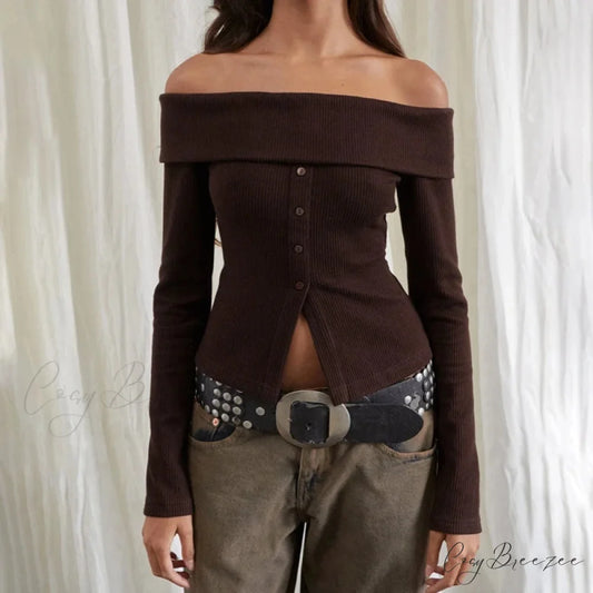 Rib Knitted Casual Slim Fit Off-Shoulder Long Sleeve Crop Top Dark Brown / S knittop-250126