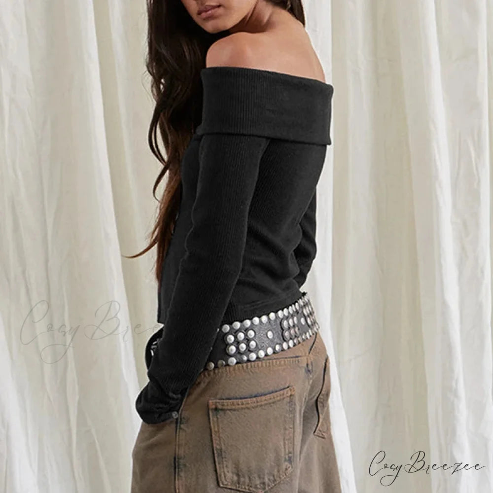 Rib Knitted Casual Slim Fit Off-Shoulder Long Sleeve Crop Top knittop-250126