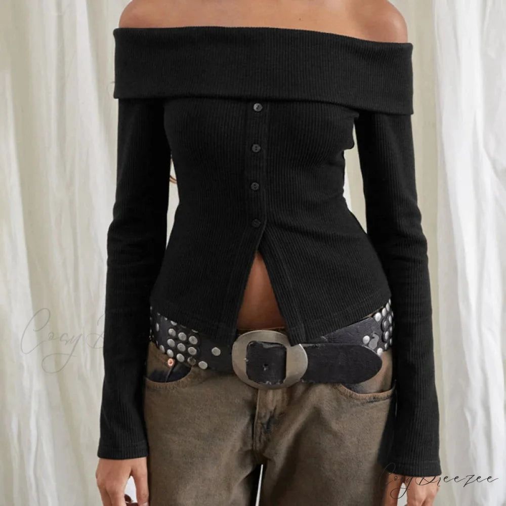 Rib Knitted Casual Slim Fit Off-Shoulder Long Sleeve Crop Top knittop-250126