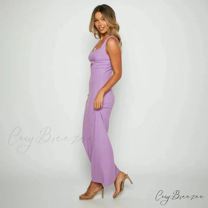 Ribbed Bandeau Deep Neck Graceful Layered Strap Long Dress