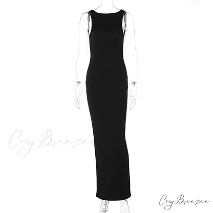 Ribbed Bandeau Deep Neck Graceful Layered Strap Long Dress