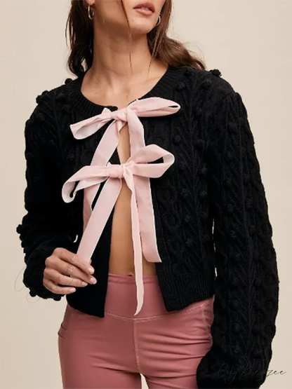 Ribbed Bow Tie Cable Knit Cardigan cardigans-241228