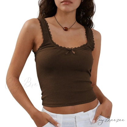 Ribbed Bowknot O-Neck Crop Top brown / S croptop-250223
